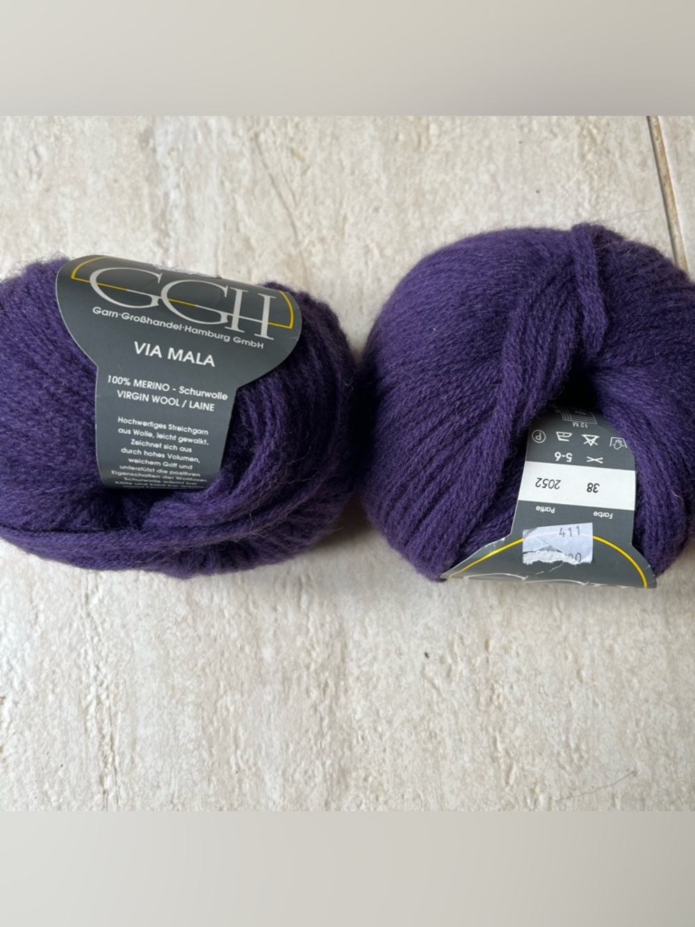 GGH Via Mala 100% Merino Yarn Lot 2 Skeins Purple 140m Soft Wool